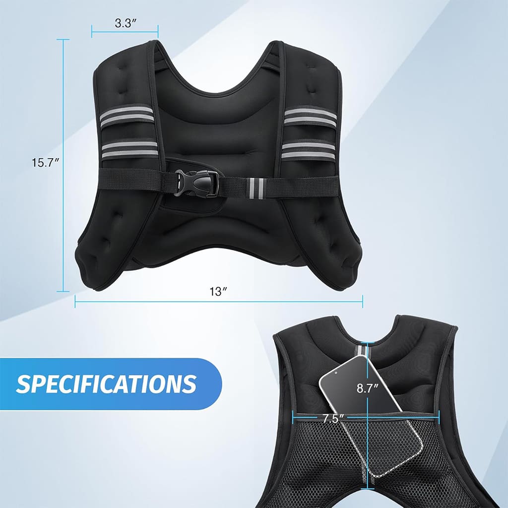 Éclat Bio VitalVeste specifications showing dimensions and ergonomic design for enhanced workouts.