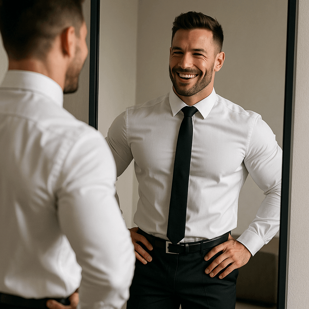 Homme vêtu d'une chemise blanche et cravate noire se regardant dans le miroir avec un sourire.