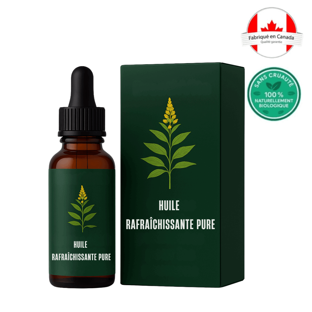 Bouteille et boîte de l'Huile rafraîchissante pure, mélange botanique, fabriqué en Canada.