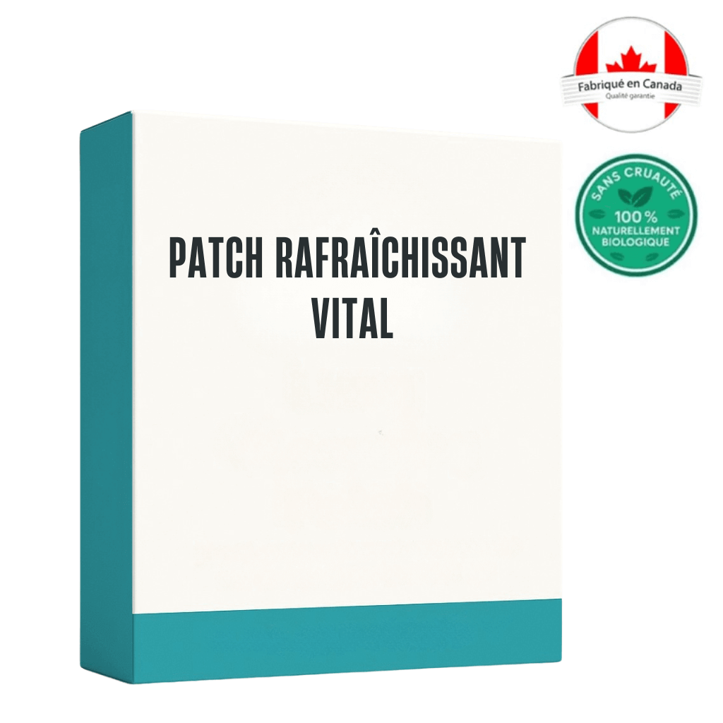 Patch rafraîchissant vital product packaging featuring cruelty-free and Canadian-made quality labels.