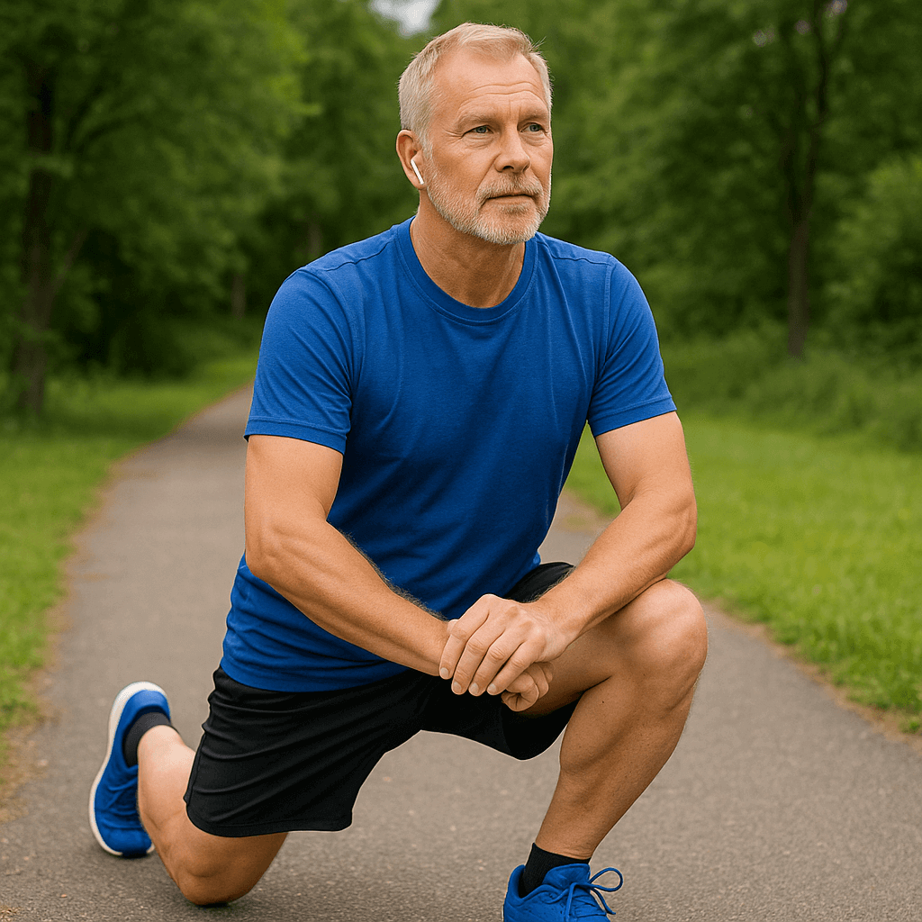 Homme en train de s'étirer sur un sentier, promouvant la relaxation et le confort quotidien avec le Vaporisateur liquide Wonder Relief.