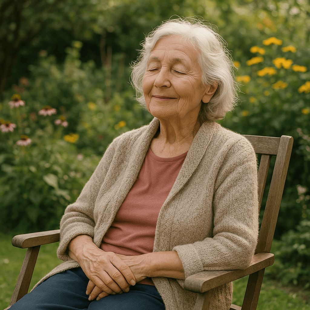 Femme âgée assise dans un jardin, se relaxant avec le Patch rafraîchissant vital sur le corps.