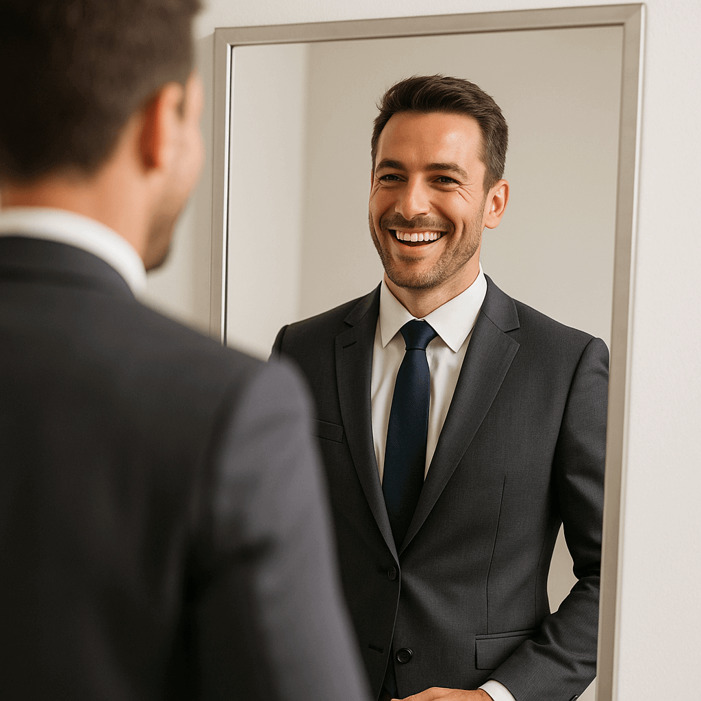 Homme souriant dans un miroir, portant un costume élégant et une cravate, affichant une attitude confiante.