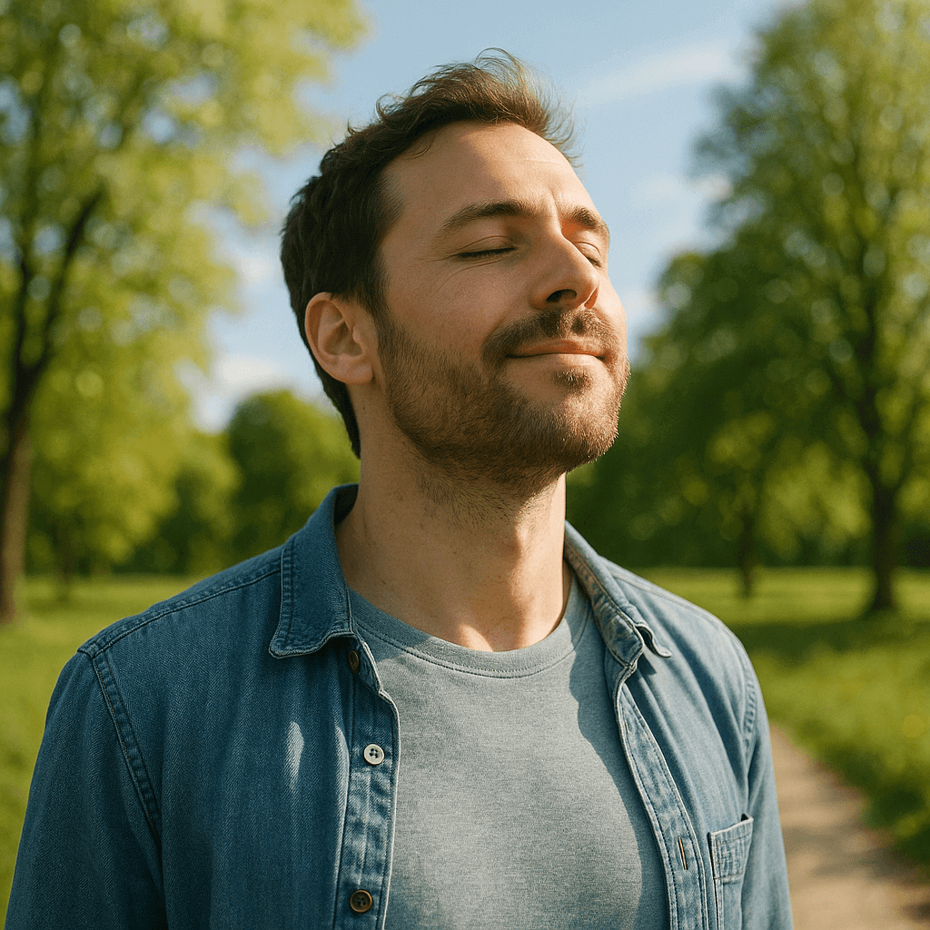 Homme respirant profondément dans la nature, utilisant un vaporisateur relaxant pour se revitaliser.