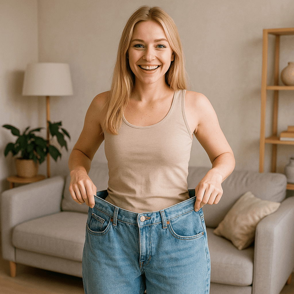 Femme souriante portant un débardeur et tenant des jeans trop grands pour elle.