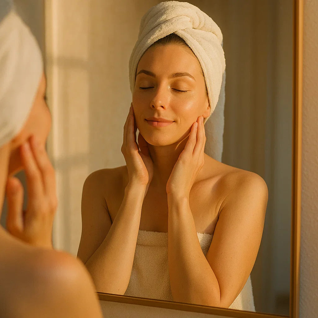 Femme avec serviette sur la tête regardant son reflet, utilisant Eclat Bio Huile pour le corps pour hydrater sa peau.