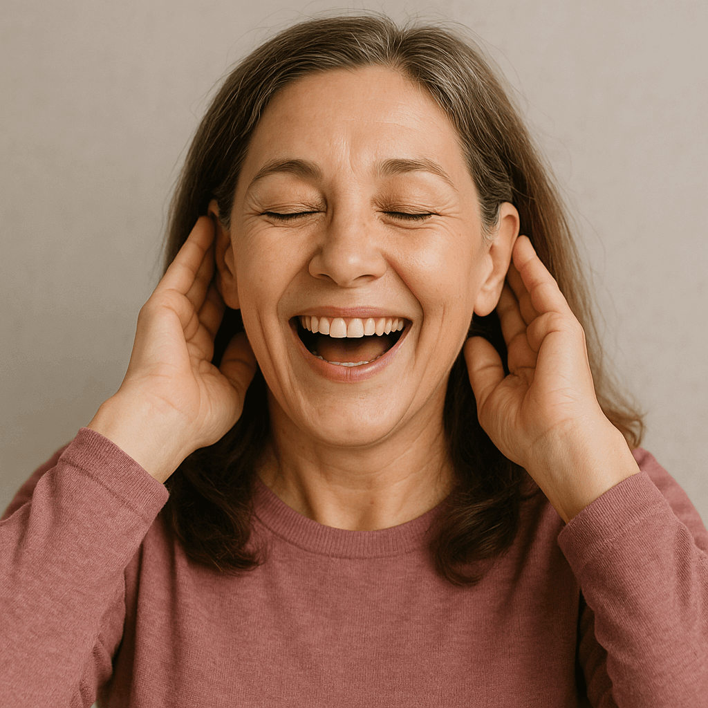 Femme souriante avec les mains aux oreilles, profitant de moments de détente avec Spray Équilibrant.