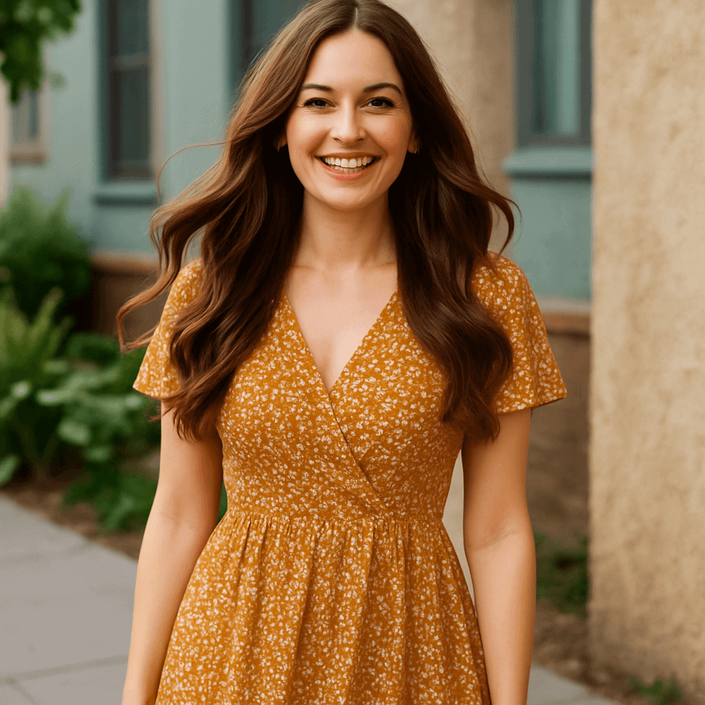 Femme souriante portant une robe fleurie en été, alliant élégance et naturel.